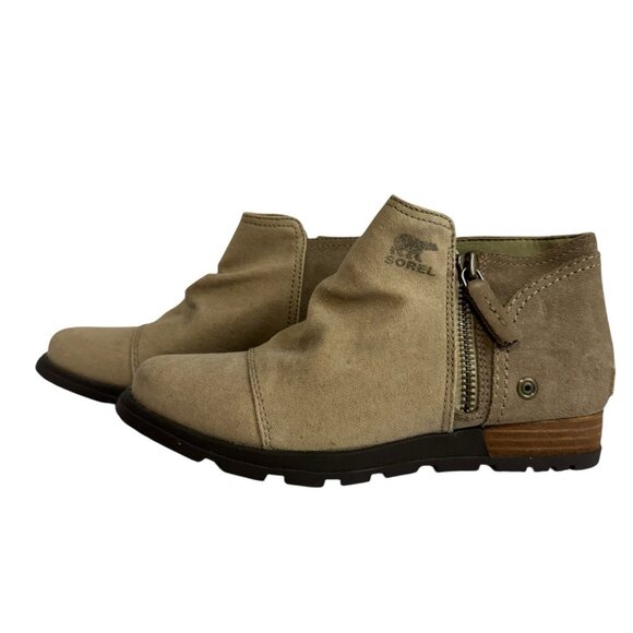 Sorel Taupe Canvas Flat Ankle Bootie Sz 7 Side Zip Intentional Distressed Boho - Picture 1 of 6
